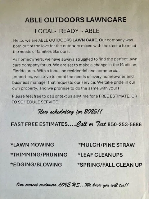 Top-rated outdoor landscaping near you in Madison, FL by Able Outdoors Land Services