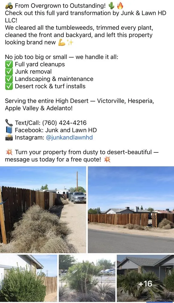 Trusted yard cleanup service for beautiful yards in Victorville, CA by Junk and Lawn HD