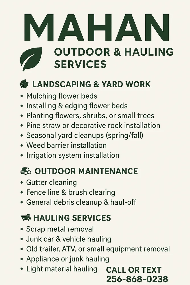 Trusted lawn care service experts serving Ider, AL - Mahan Outdoor and Hauling Services