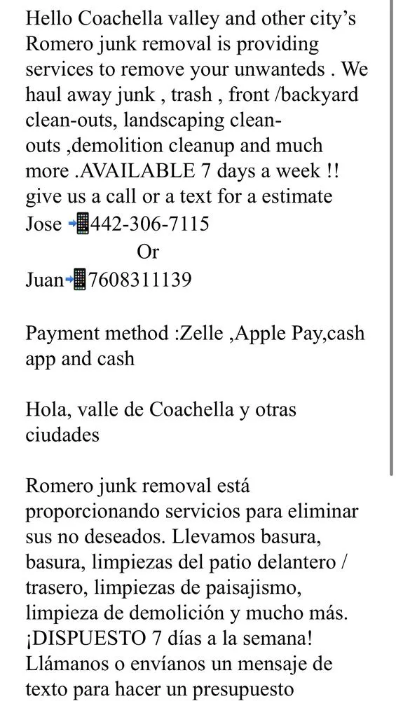 Professional yard maintenance experts serving Thermal, CA - Romero’s Junk removal service & more