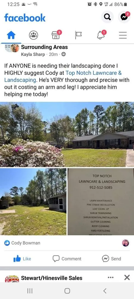 Reliable yard maintenance in Ludowici, GA by Top Notch Lawncare & Landscapes